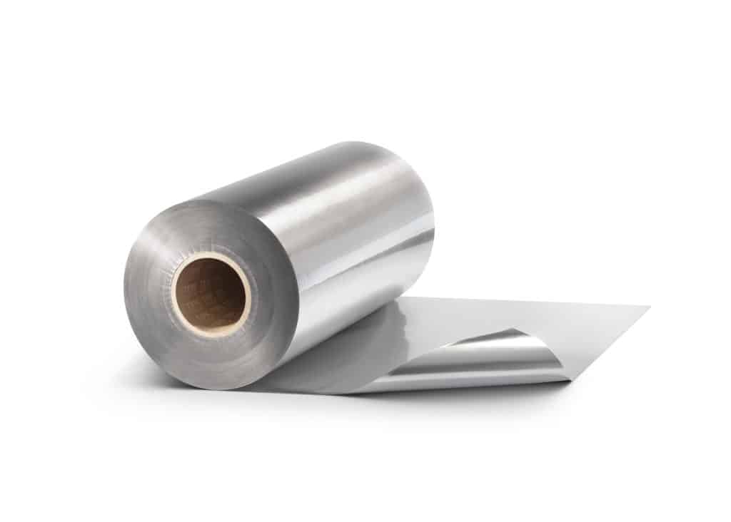 a roll of silver laminate food packaging film