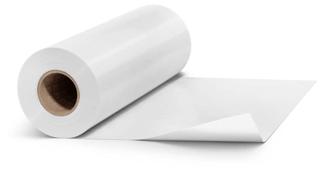 a roll of white laminate film for food packaging