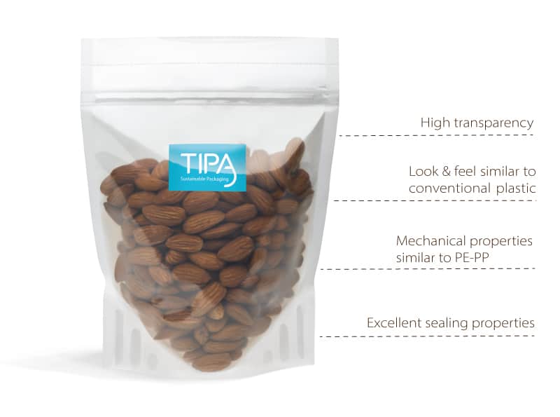 compostable pouch filled with nuts, alongside the pouch is descriptive traits of the pouch