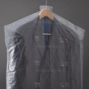 suit inside of TIPA branded compostable clothing packaging