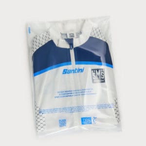 Resealable clothes bag with a santini white and blue jumper packaged inside