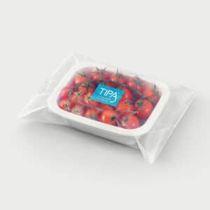 Compostable pillow bag filled with tomatoes