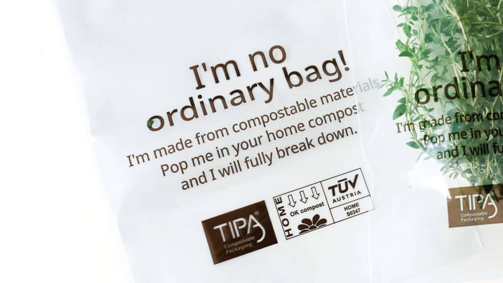 clear eco friendly compost bag with Tipa branded logo and text