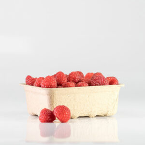 Paddy straw tray filled with raspberries