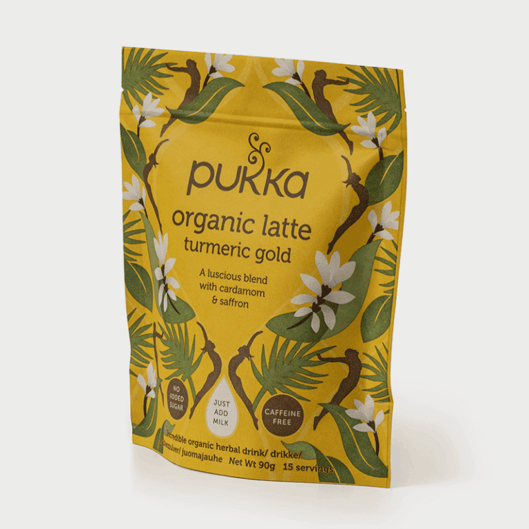 stand up pouch of pukka turmeric gold tea