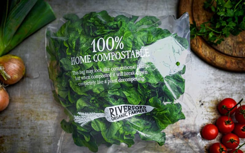 Riverford organic farmers compostable packaging with lettuce packed inside